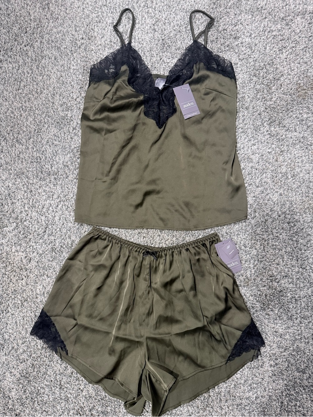 auden - Satin and Lace Olive & Black Cami Short Set